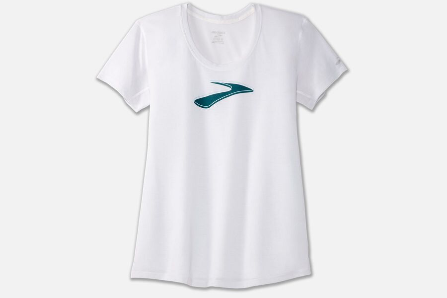 Womens Brooks Distance Graphic Tee Tops White/Path | 749816-OHR